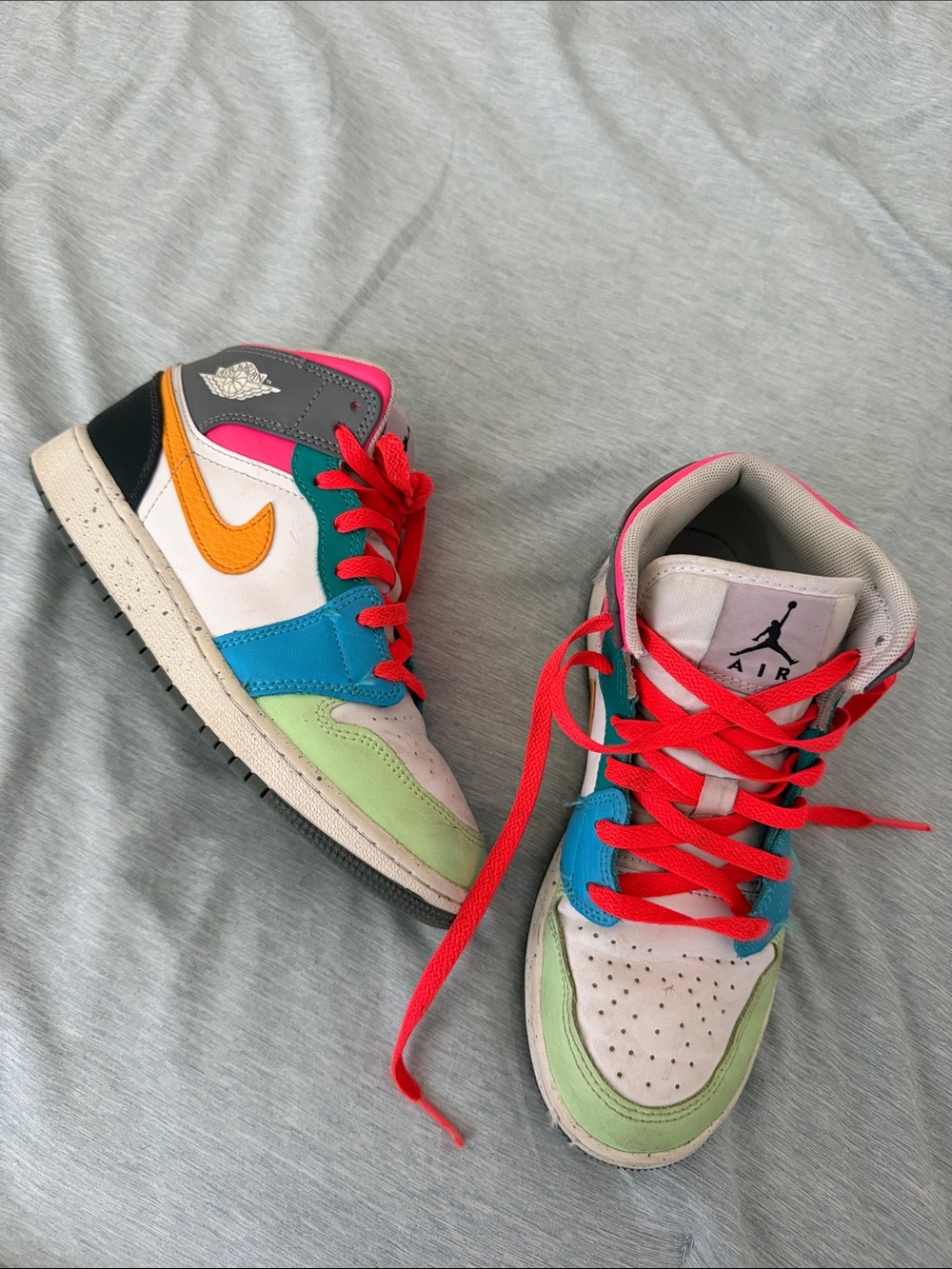 Nike Air Jordan 1 Mid White with Pink, Teal, Blue, Green & Orange Accents